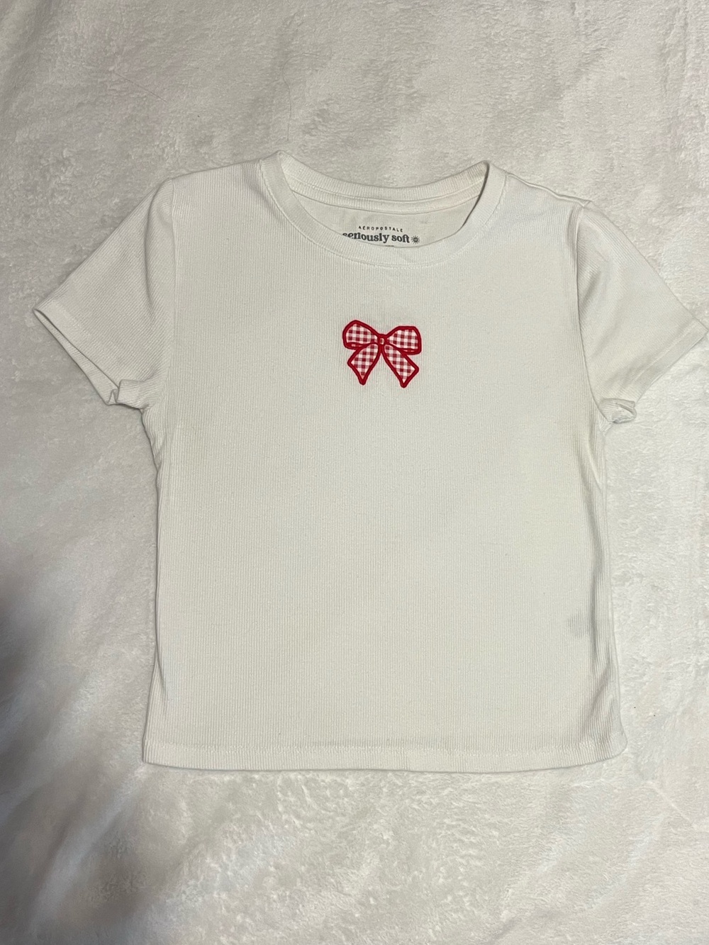 Aeropostale White Short Sleeve Tee with Red Gingham Bow